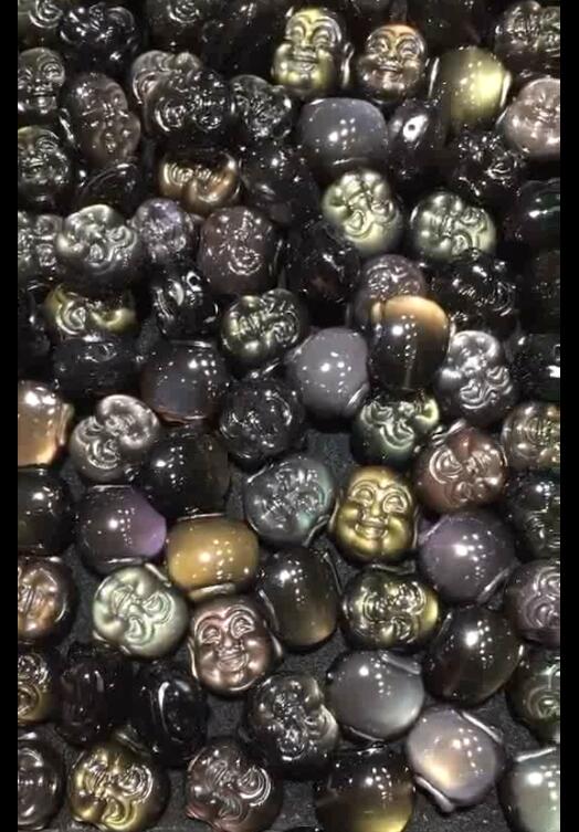 天然彩虹眼黑曜石佛头吊坠