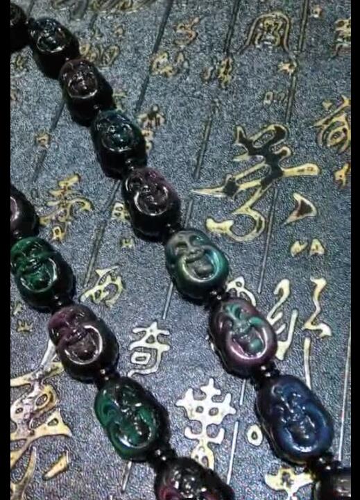 天然彩虹眼黑曜石佛头手串