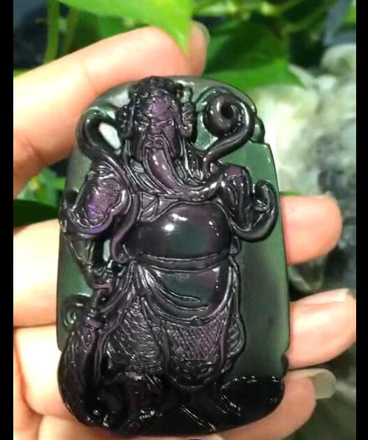 天然彩虹眼黑曜石关公吊坠